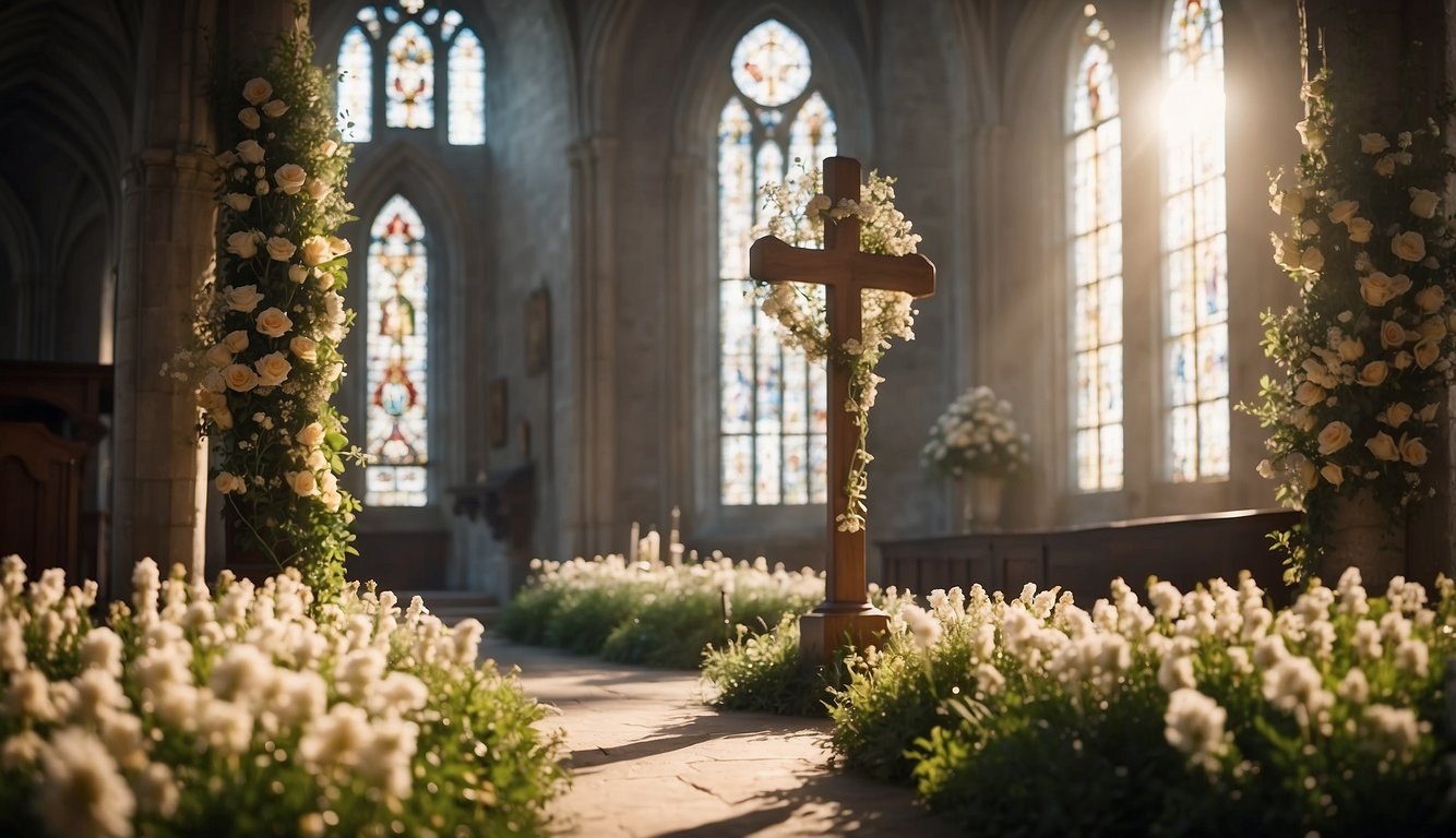 A serene church with a cross, representing Christian beliefs, surrounded by symbols of life such as flowers and a peaceful atmosphere