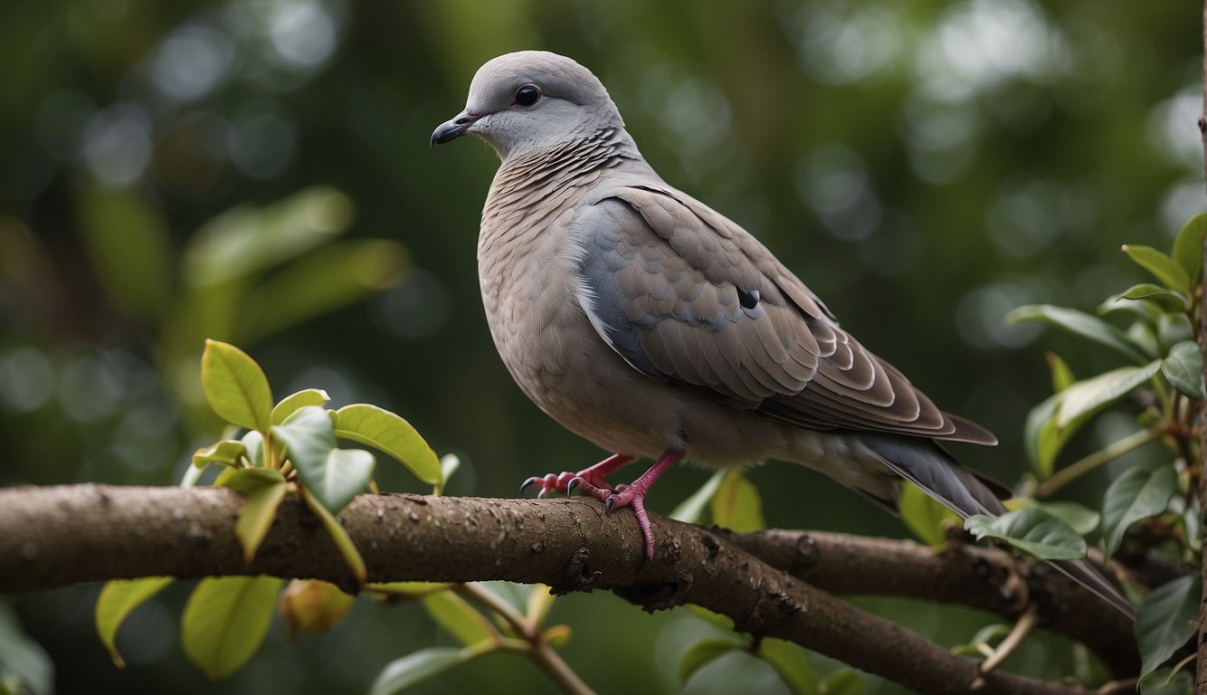 A peaceful dove perched on a branch, surrounded by diverse foliage and symbols of justice and compassion