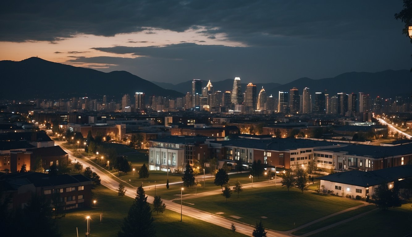 A modern city skyline with contrasting images of life and death, such as a hospital and a cemetery, symbolizing the challenges faced by Christian perspectives on the sanctity of life