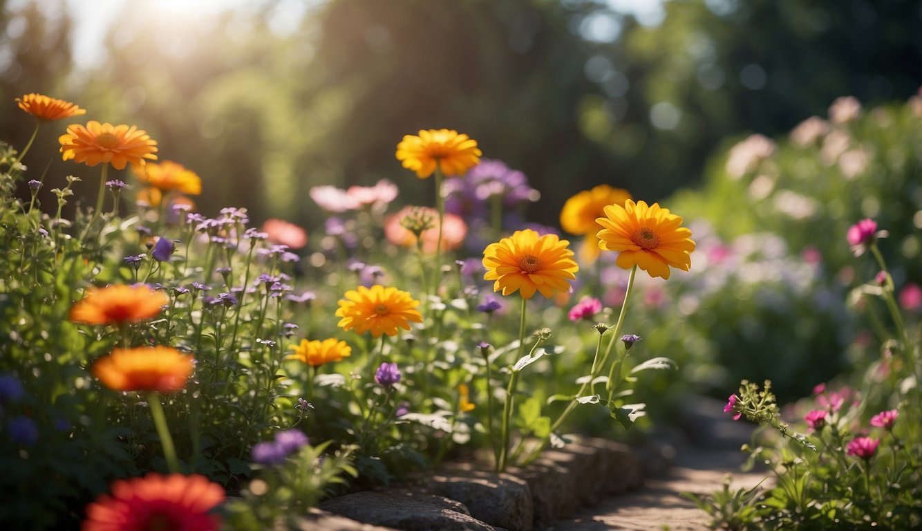 A peaceful garden with vibrant flowers and a serene atmosphere, symbolizing the sanctity of life and the importance of nurturing and protecting it