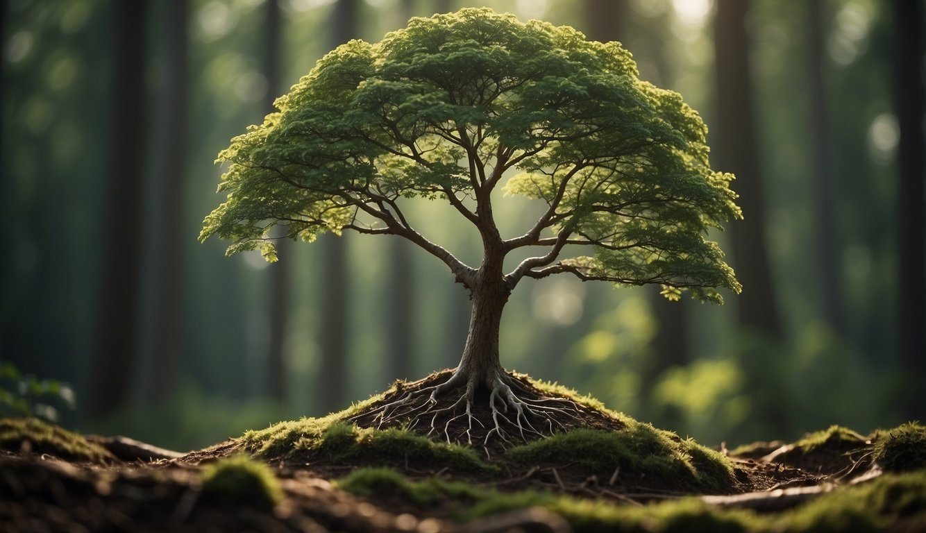 A seasoned tree stands tall, its branches reaching out to support and guide smaller saplings growing around it in a lush, thriving forest