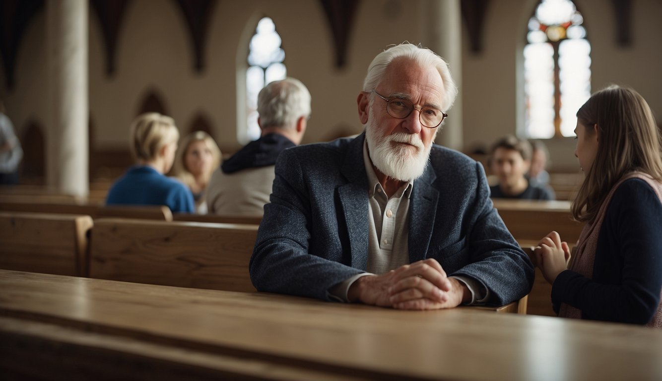 A seasoned figure imparts wisdom to a younger individual in a church setting, symbolizing inter-generational mentorship and discipleship