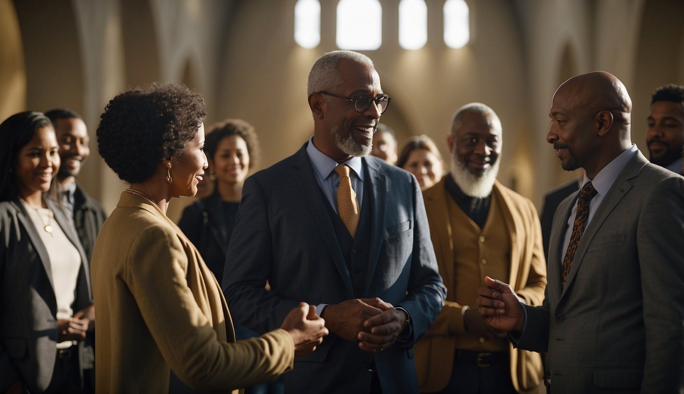 A group of diverse individuals gather around a central figure, exchanging knowledge and wisdom. Light shines from the center, symbolizing the impact of discipleship and mentorship in the church