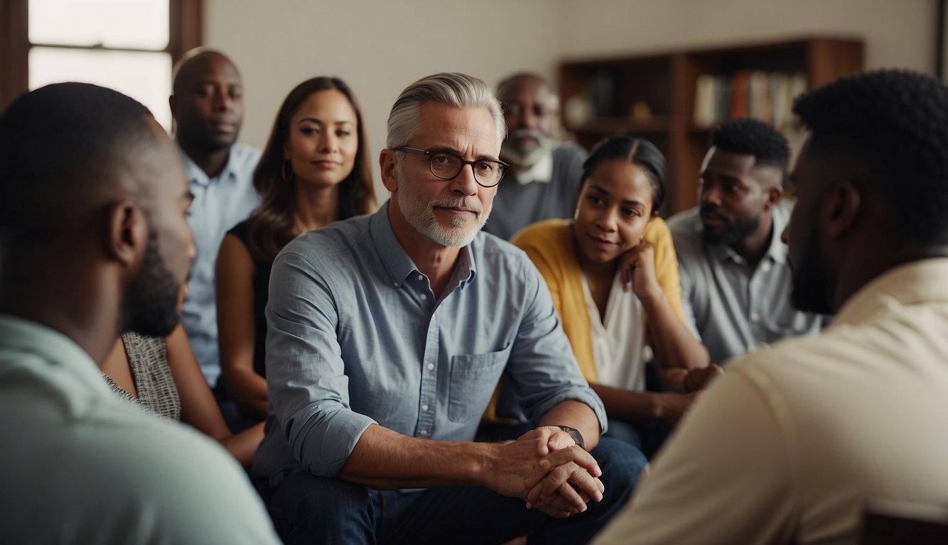 A group of individuals gathered around a mentor, listening intently as he imparts wisdom and guidance, symbolizing the importance of discipleship and mentorship in the church