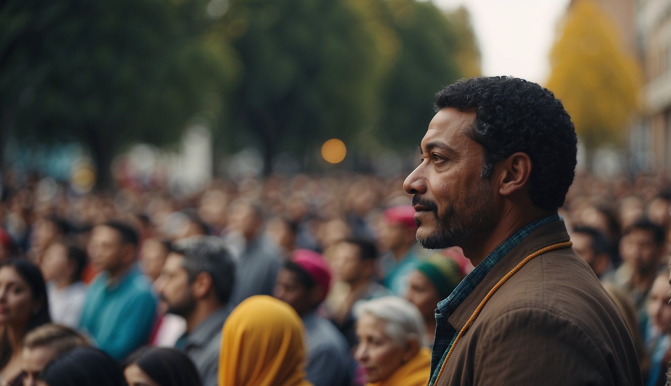 Vibrant colors fill a diverse marketplace, where people of different cultures gather to listen to a charismatic speaker sharing the message of Christianity