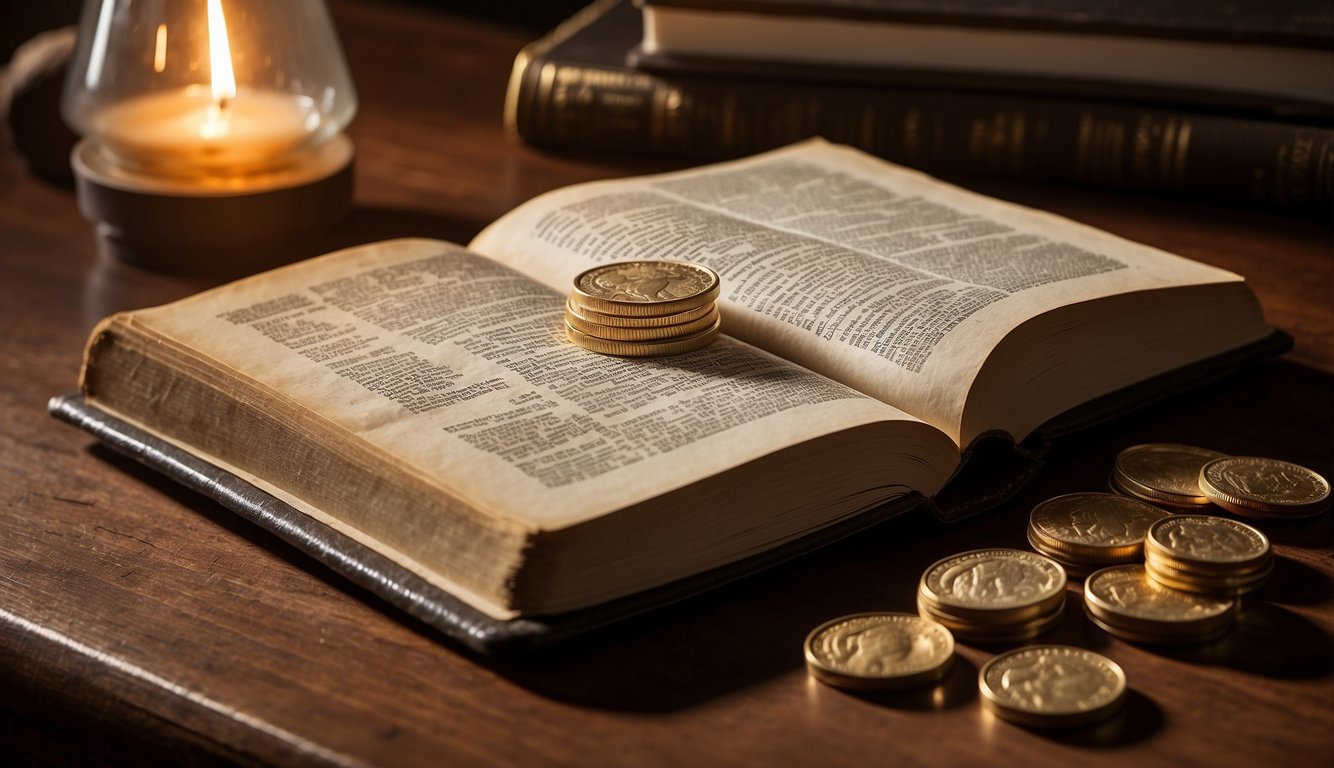 A table with an open Bible, a ledger, and a stack of coins. A beam of light shines on the Bible, symbolizing guidance for financial stewardship