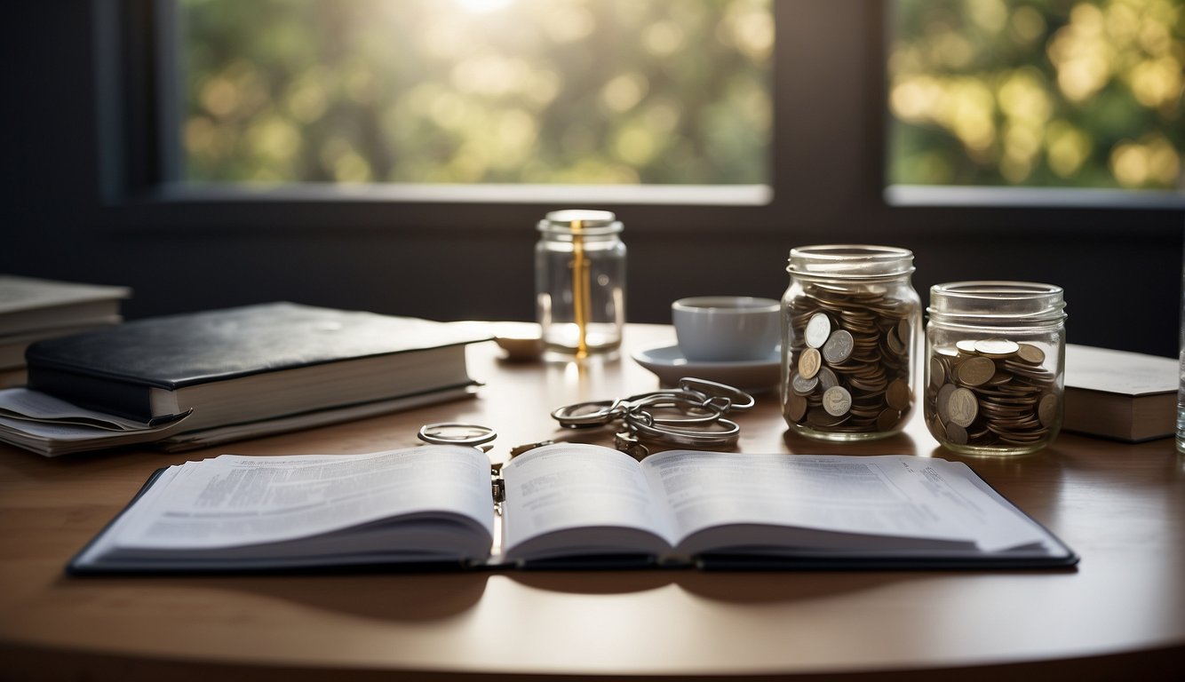 A table with a budget spreadsheet, a stack of bills, and a jar for savings. A Bible open to financial wisdom verses