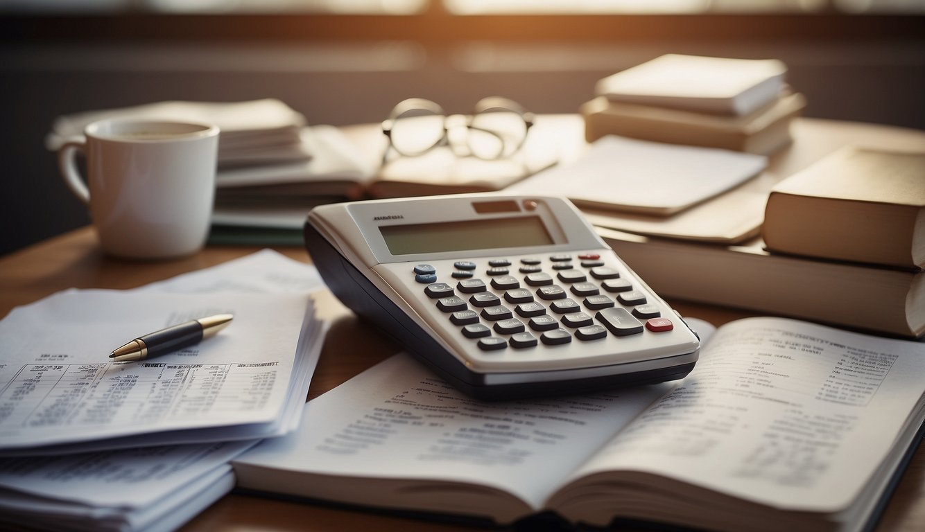 A table with a stack of bills and a budget spreadsheet, surrounded by open Bible and financial planning books