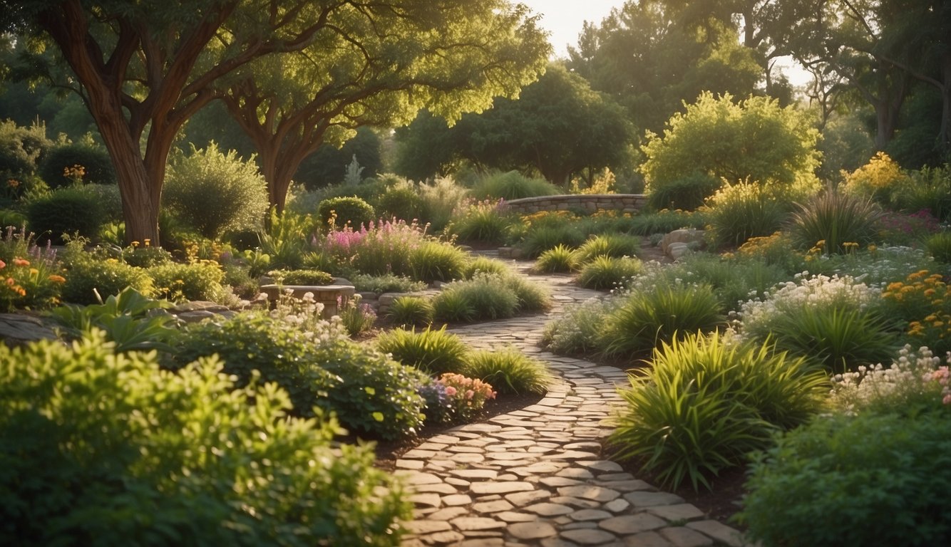 A serene garden with a winding path, a flowing stream, and a vibrant array of plants and trees, symbolizing a life dedicated to honoring God through wise financial stewardship