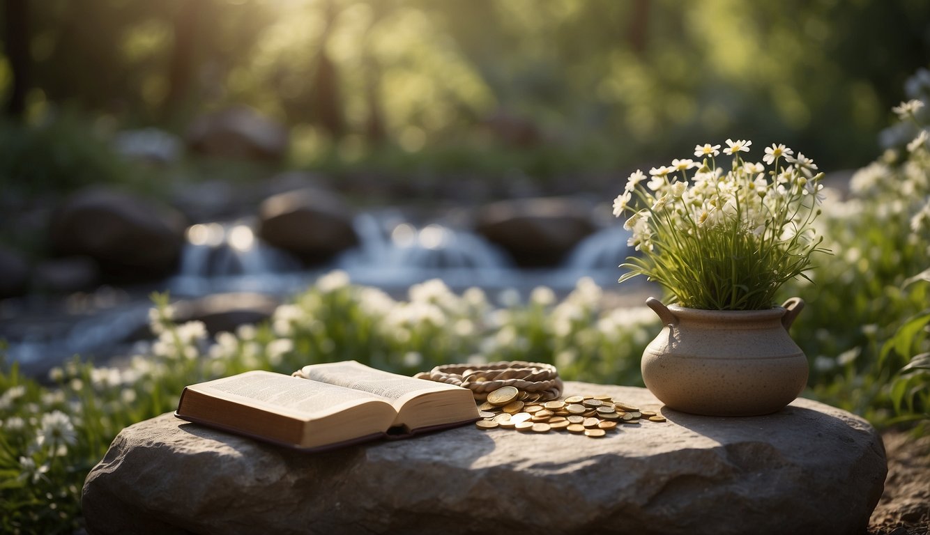 A peaceful garden with a flowing stream, surrounded by trees and blooming flowers. A Bible and a bag of coins sit on a stone bench, symbolizing the balance of financial stewardship and Christian values