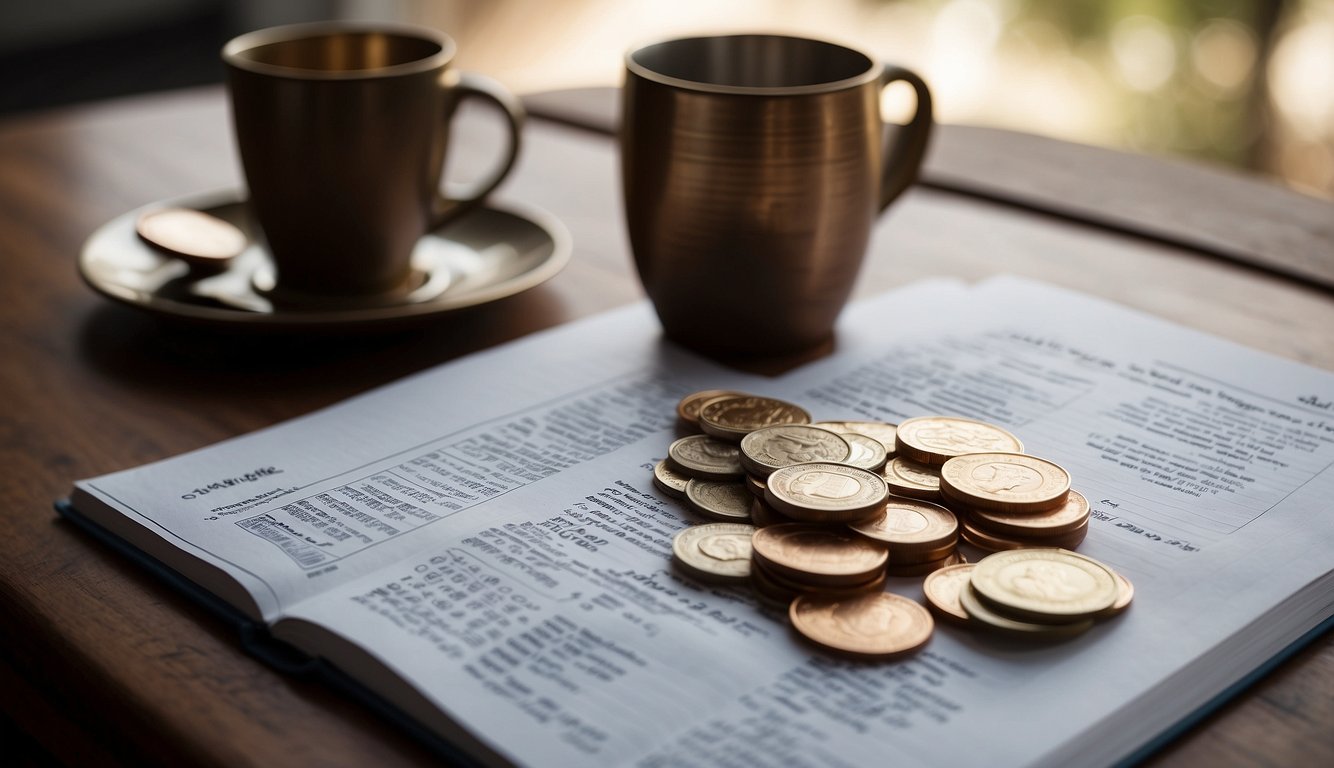 A table with a stack of coins, a budget spreadsheet, and a Bible open to relevant verses on stewardship