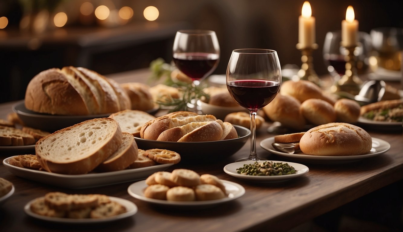 A table set with bread and wine, surrounded by people in prayer, symbolizing the unity and remembrance of Christ's sacrifice in the Lord's Supper