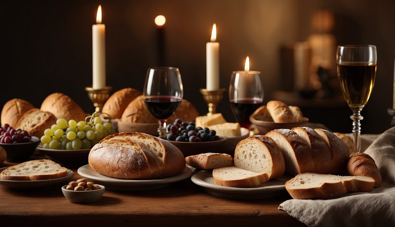 A table with bread and wine, surrounded by diverse symbols of faith, representing the universal significance of the Lord's Supper/Eucharist across denominations