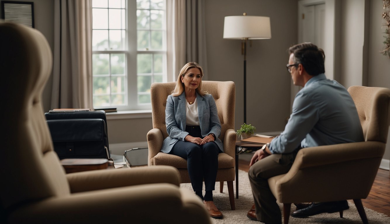 A person sits in a comfortable chair, talking to a counselor. The counselor listens attentively, offering support and guidance