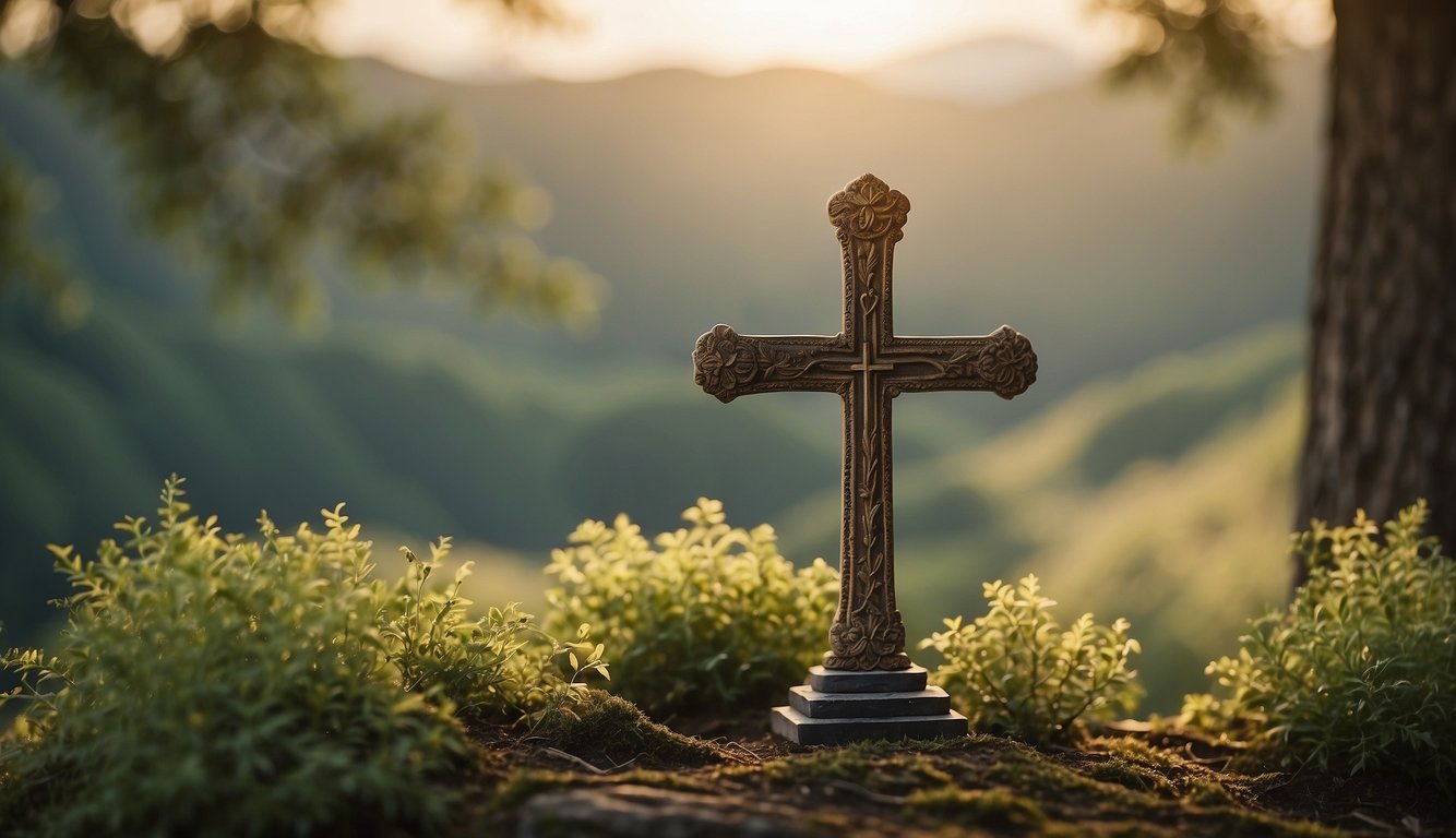 A serene setting with a cross as the focal point, surrounded by peaceful nature and a sense of hope and healing