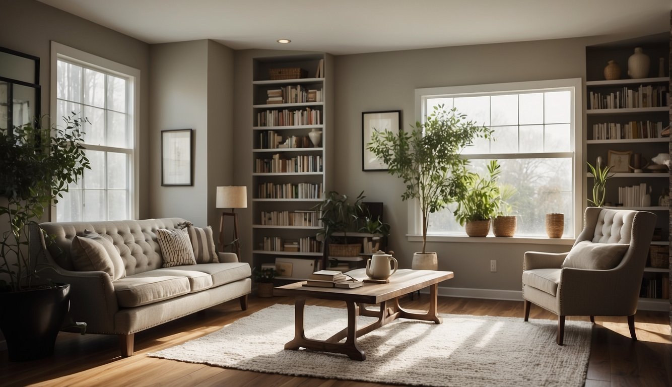 A serene office with a cross on the wall, a cozy couch, and shelves filled with books on Christian counseling and therapy