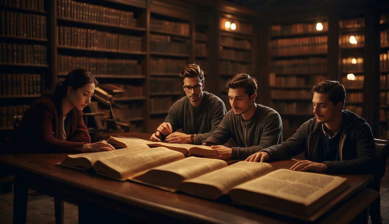 A group of people studying ancient texts and symbols in a dimly lit library