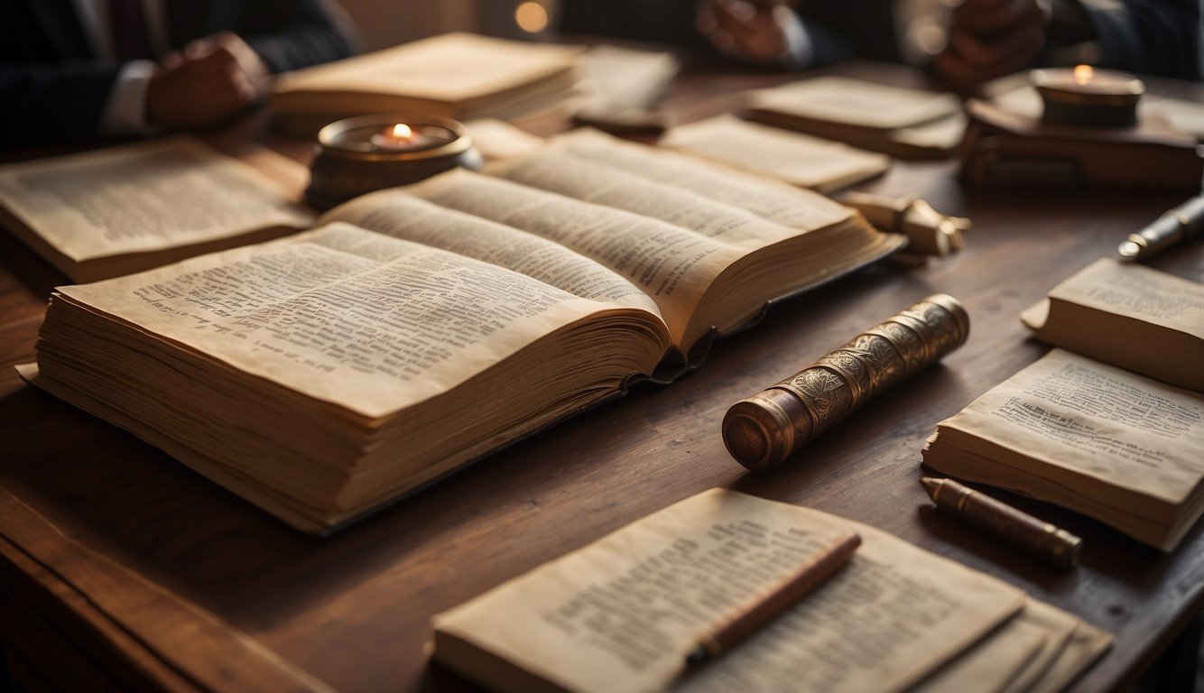 A group of diverse Christian symbols and historical documents arranged on a table, with scholars engaged in deep discussion