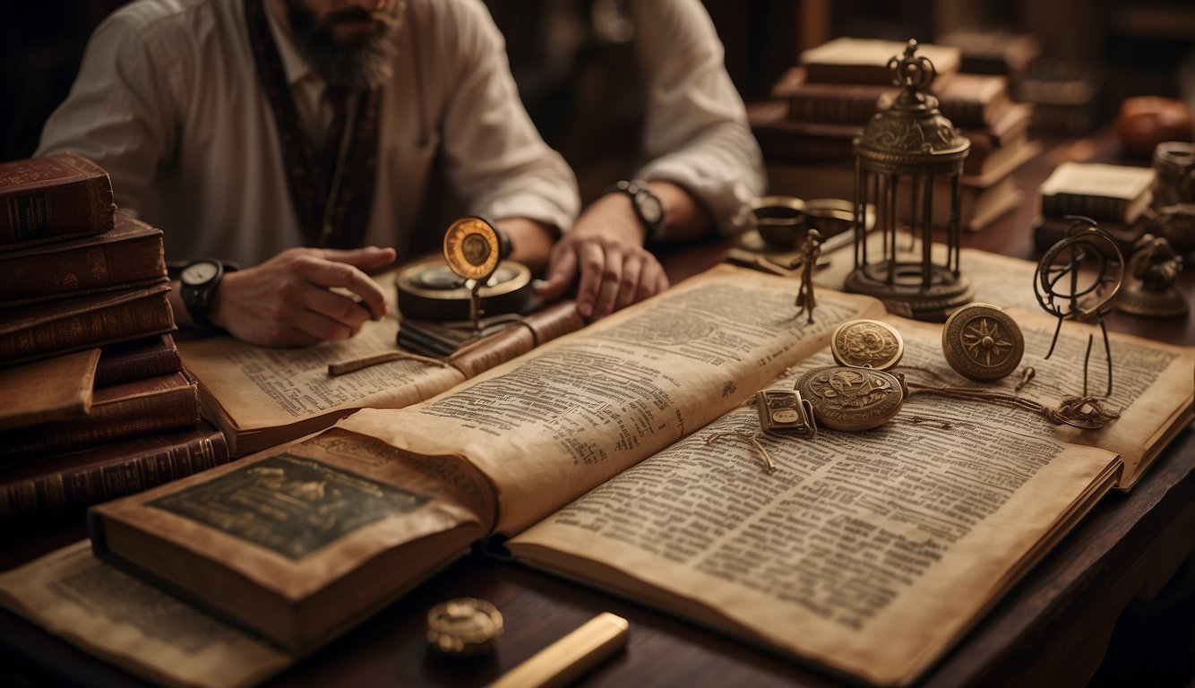 A group of people studying ancient texts and symbols, surrounded by books and artifacts, representing different Christian denominations and movements