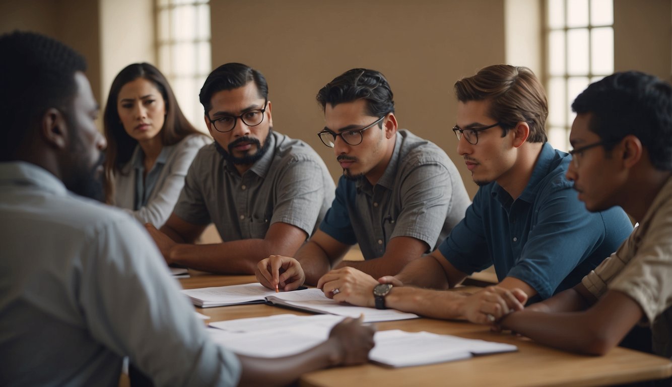 A group of people from different cultures gather to study and discuss the origins and evolution of Christian denominations