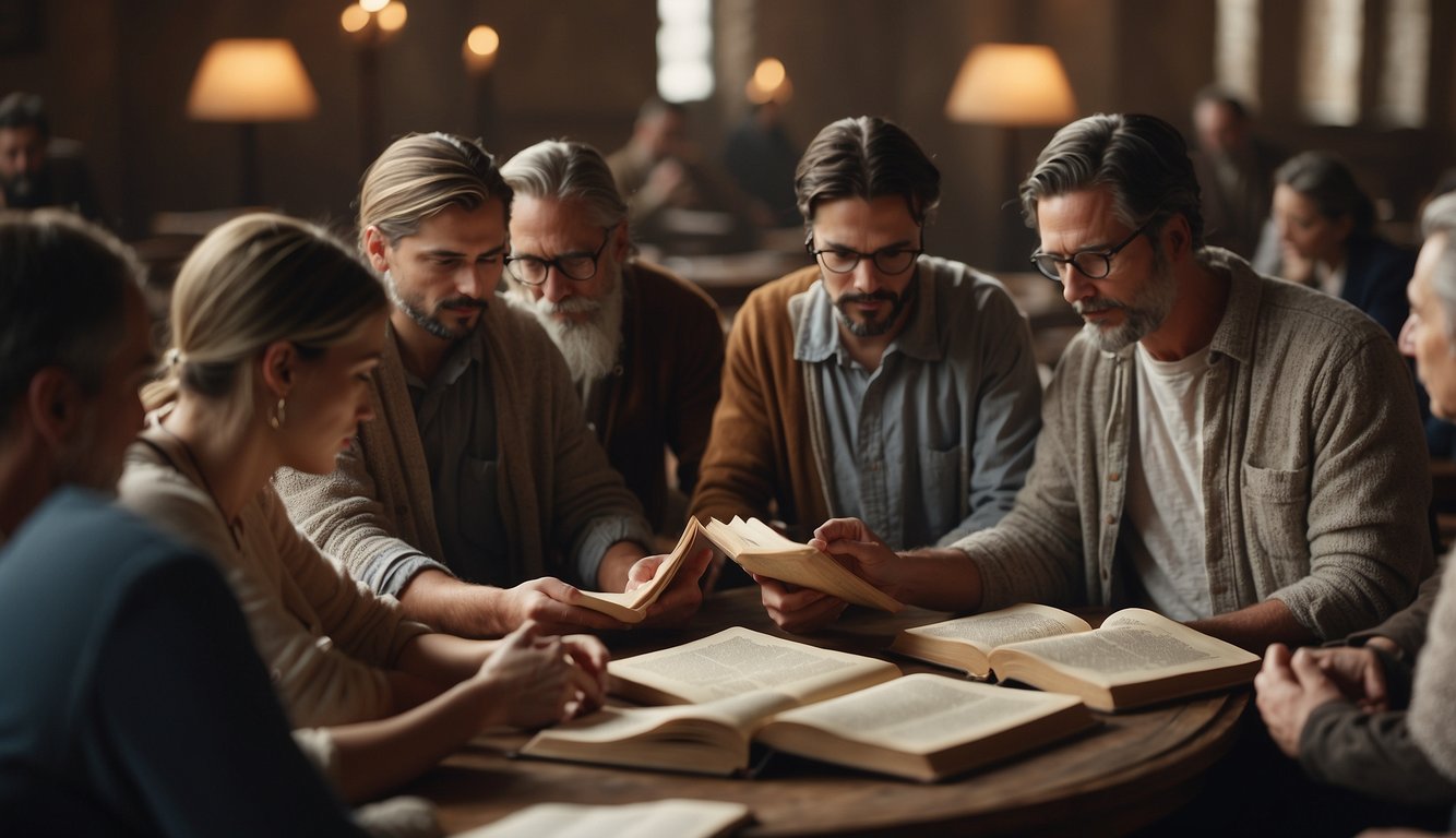 A group of people gathered in a circle, studying ancient texts and discussing the history of Christian denominations. The atmosphere is peaceful and contemplative, with a sense of community and shared devotion