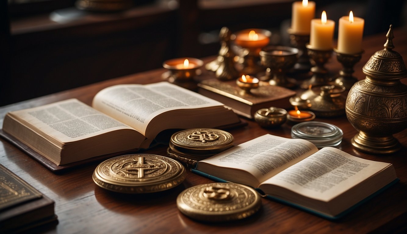 A group of diverse religious texts laid out on a table, with symbols and icons representing different Christian denominations