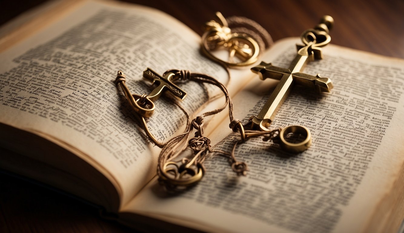 Various Christian symbols intertwining with historical texts, pointing towards a bright future
