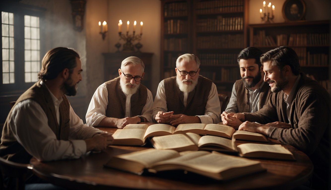 A group of people discussing and studying ancient texts and scriptures, with books and scrolls scattered around the room