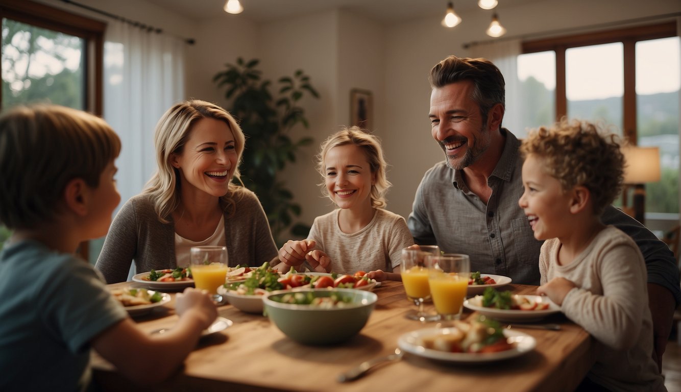 A family gathers around a dinner table, sharing laughter and love. The parents hold hands, while children play joyfully in the background