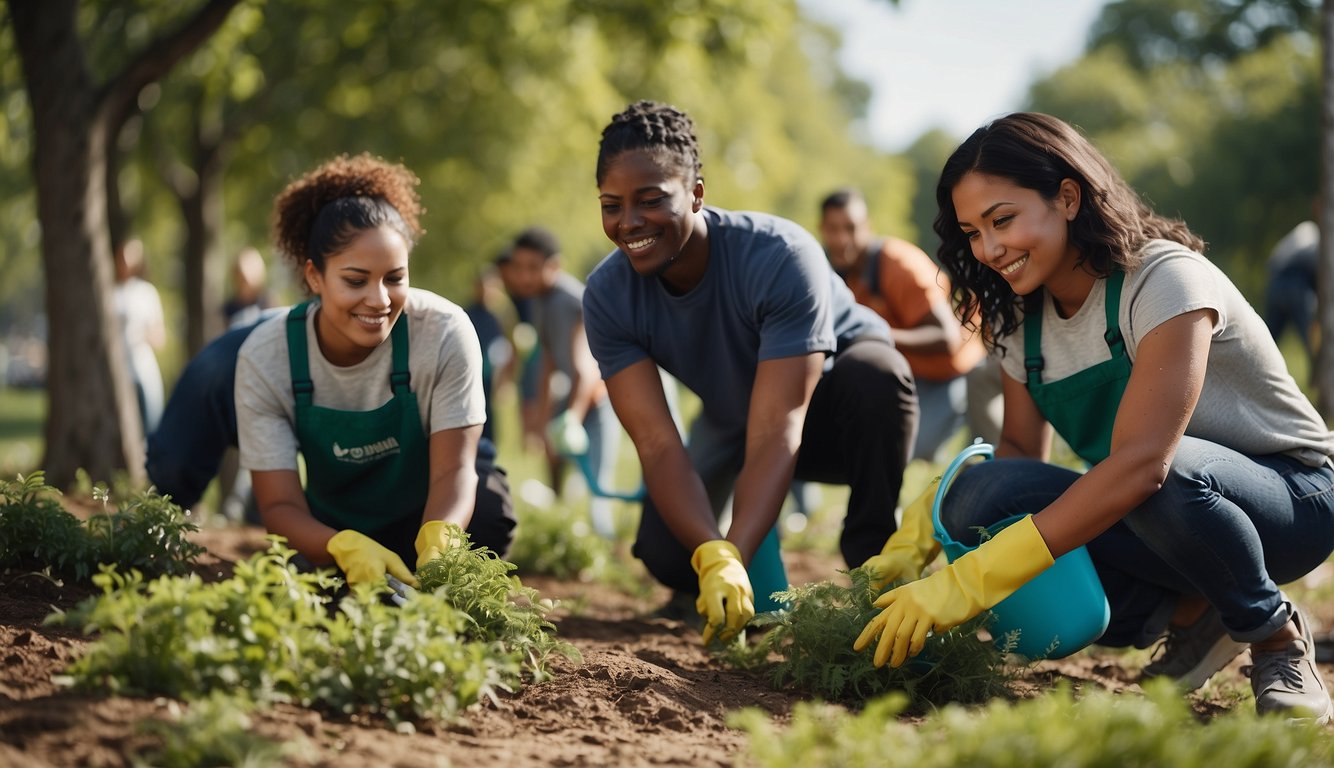 A group of diverse individuals work together to clean up a park, plant trees, and help the local community