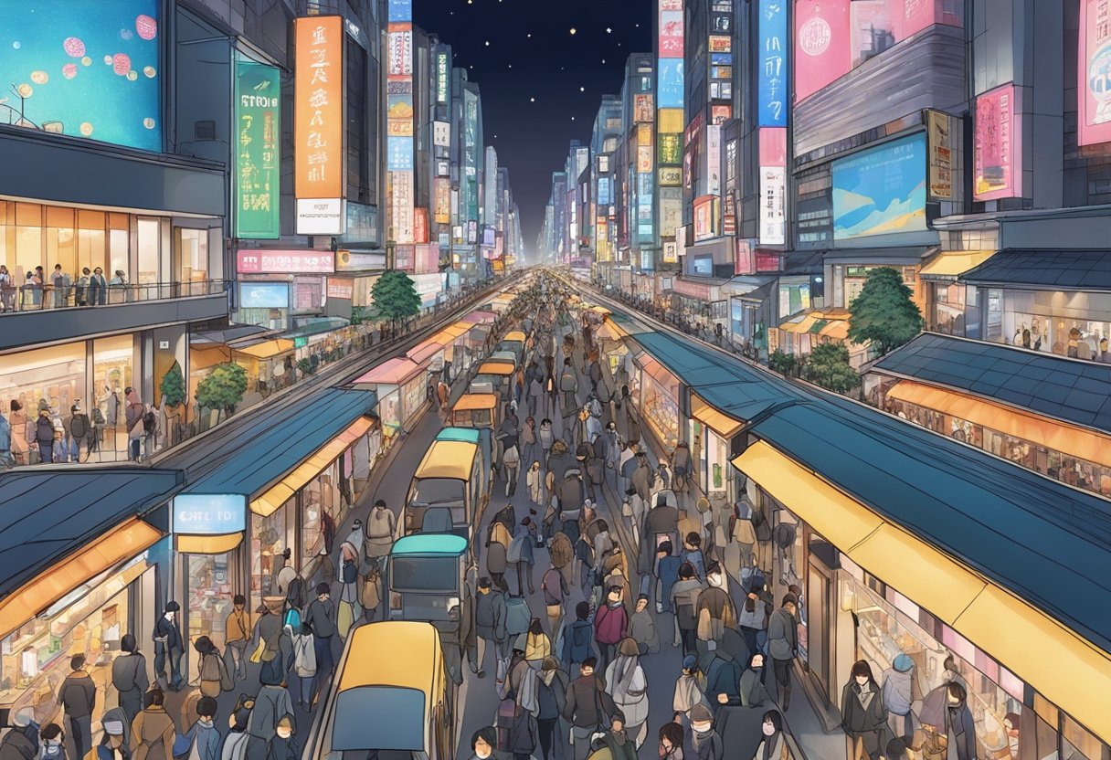 Busy Tokyo streets in December, with colorful lights and bustling crowds of tourists