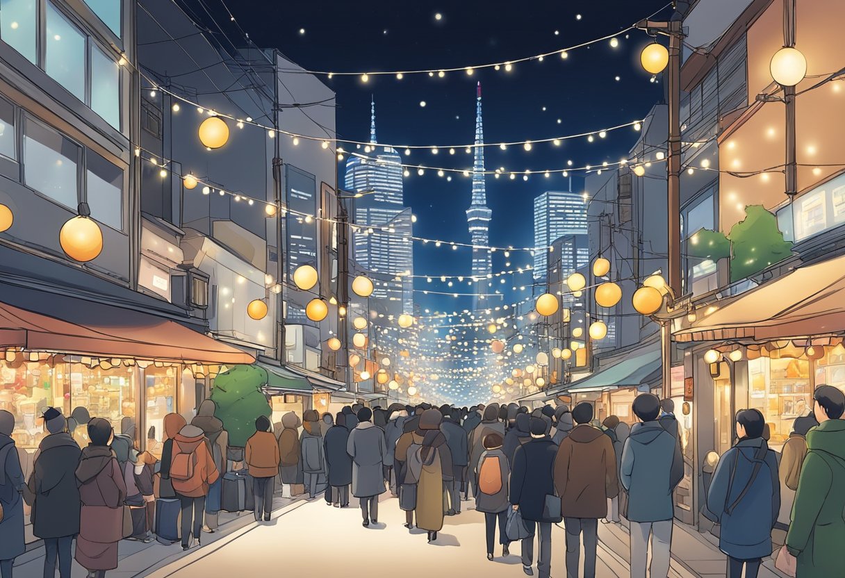 Tokyo in December: Festive lights adorn the city streets. Crowds gather for seasonal events, enjoying traditional food and entertainment