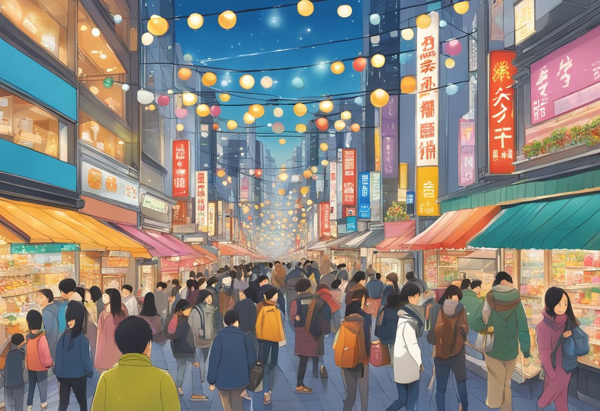 Busy Tokyo streets filled with holiday shoppers, bright lights, and festive decorations. Stores offering year-end sales and promotions, creating a lively and bustling atmosphere