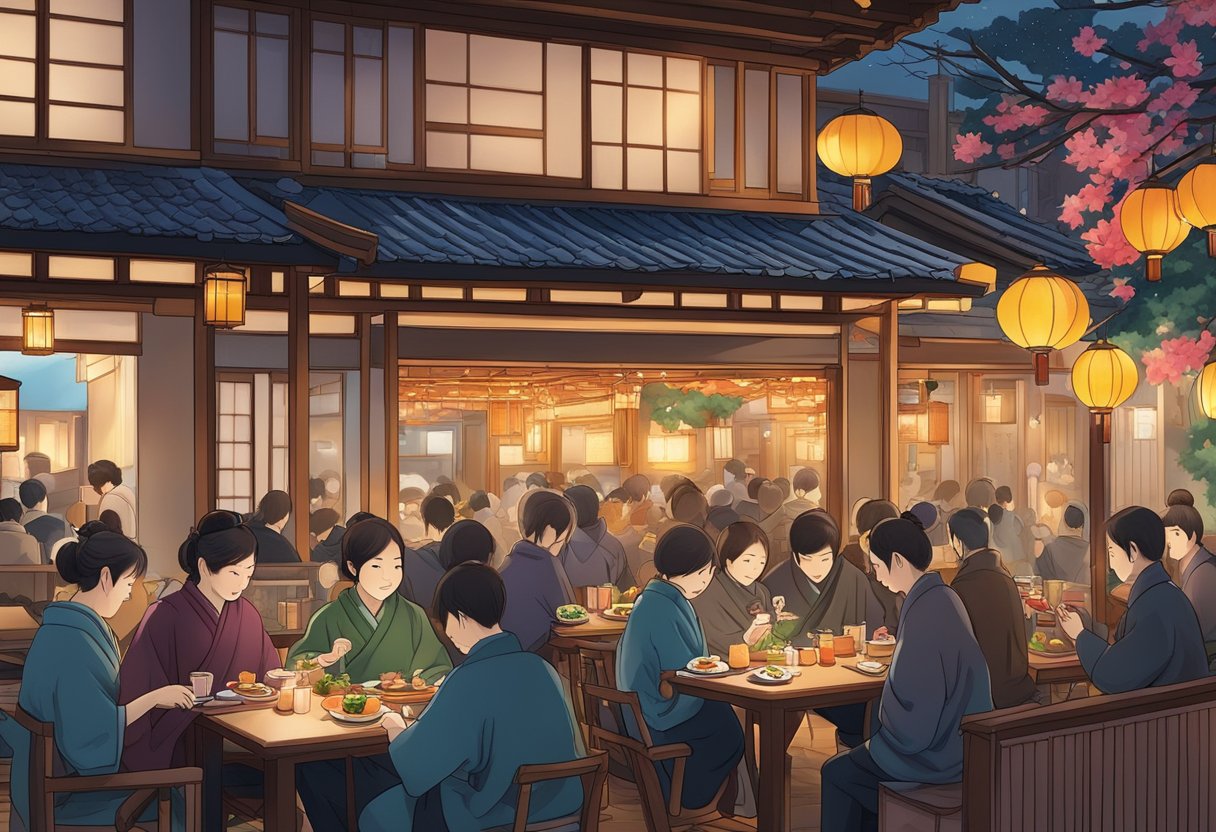 A festive Tokyo dining scene in December, with colorful traditional Japanese cuisine and warm, inviting ambiance