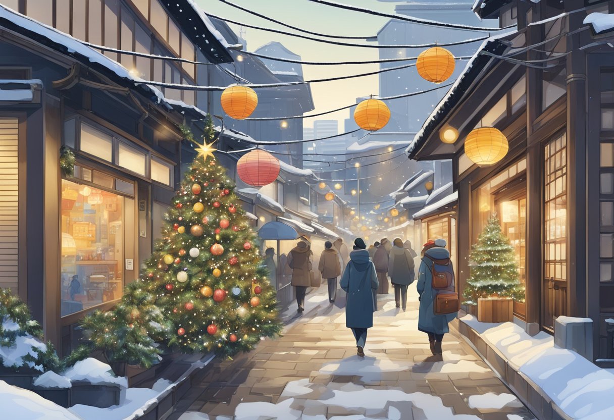 A snowy Tokyo street with holiday decorations, a travel cost chart, and a calendar showing December