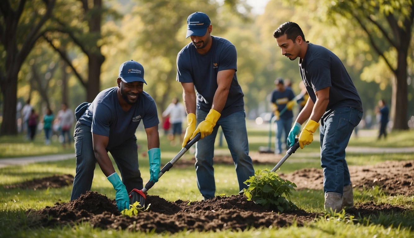 A group of diverse individuals work together to clean up a park, plant trees, and help local residents in need