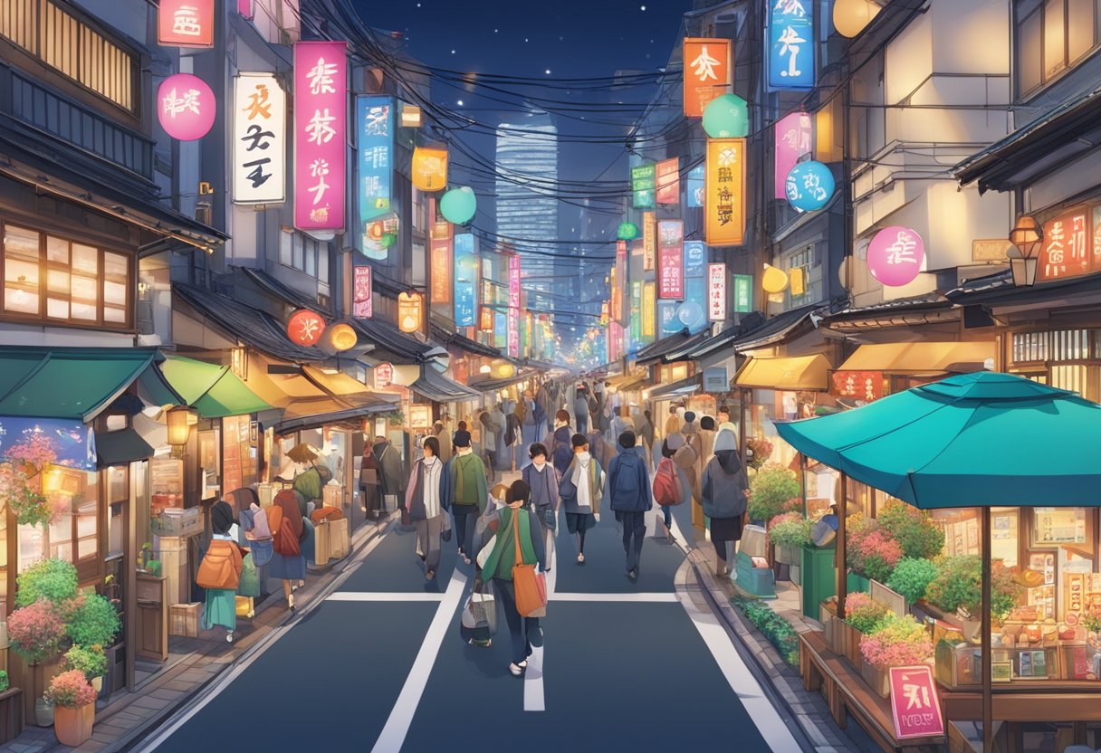 A bustling Tokyo street with colorful signs for accommodation options, set against a December backdrop with festive decorations