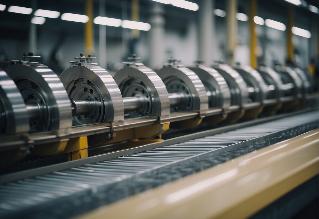 A factory floor with machines producing rolladen shutters. Materials being cut, shaped, and assembled into finished products