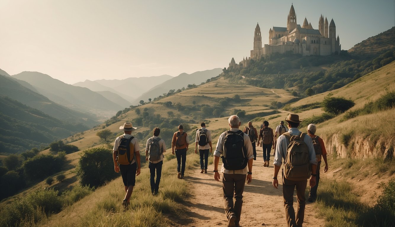 A group of pilgrims walking along a dusty path towards a majestic, ancient cathedral nestled in a lush, green valley