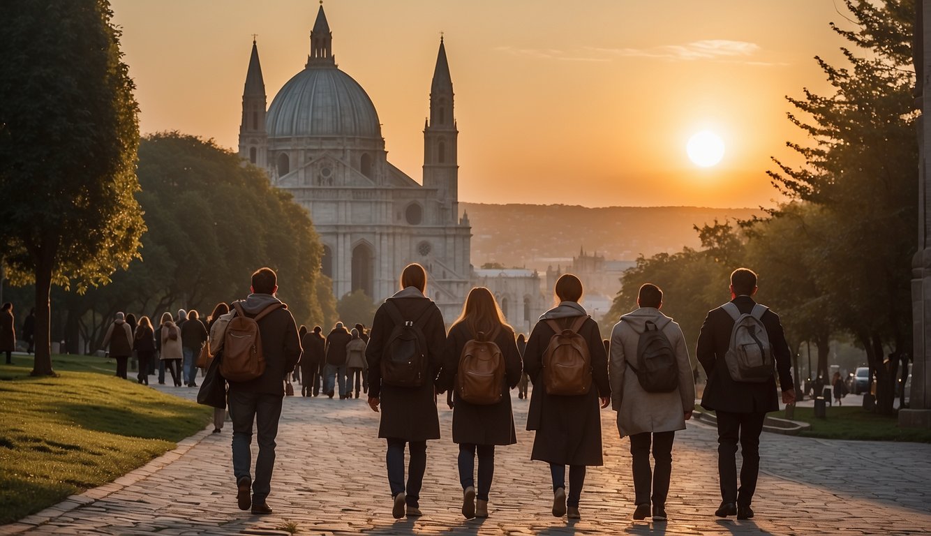 A group of pilgrims walking along a winding path towards a grand cathedral, with the sun setting in the background