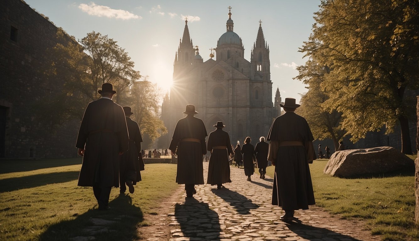 A group of pilgrims walk along a winding path towards a towering cathedral, their faces filled with reverence and awe. The sun casts a warm glow on the ancient stones, creating a sense of spiritual significance