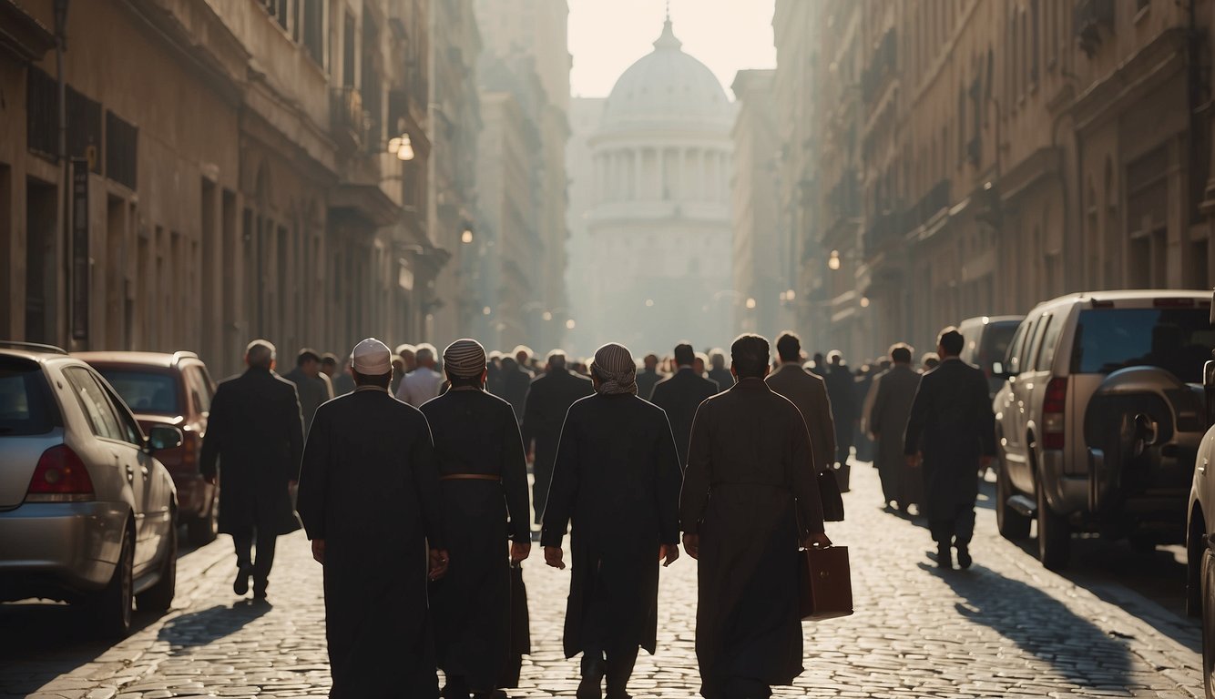 A group of pilgrims journeying towards a holy site, carrying symbols of their faith, amidst a backdrop of modern urban challenges