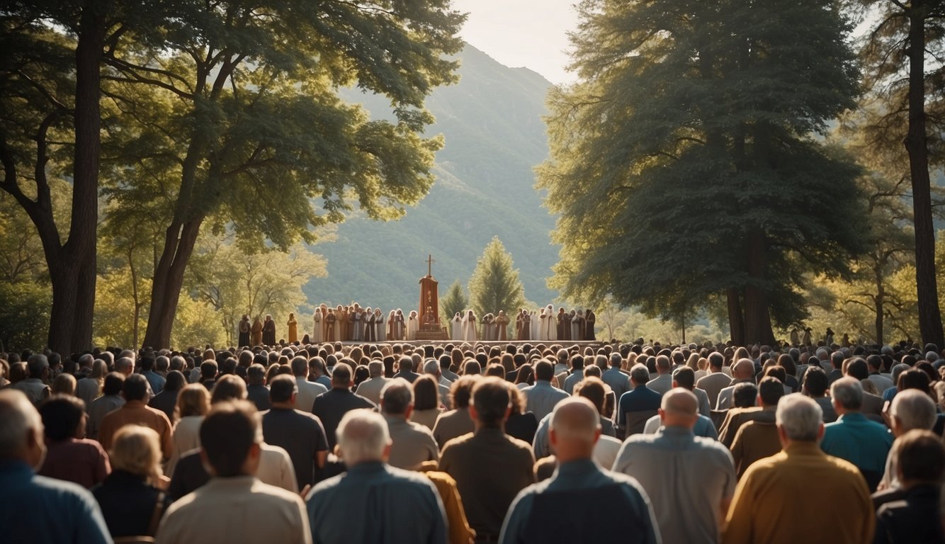 Christian pilgrims gather at a holy site, praying and reflecting. The site is adorned with religious symbols and surrounded by a serene natural landscape