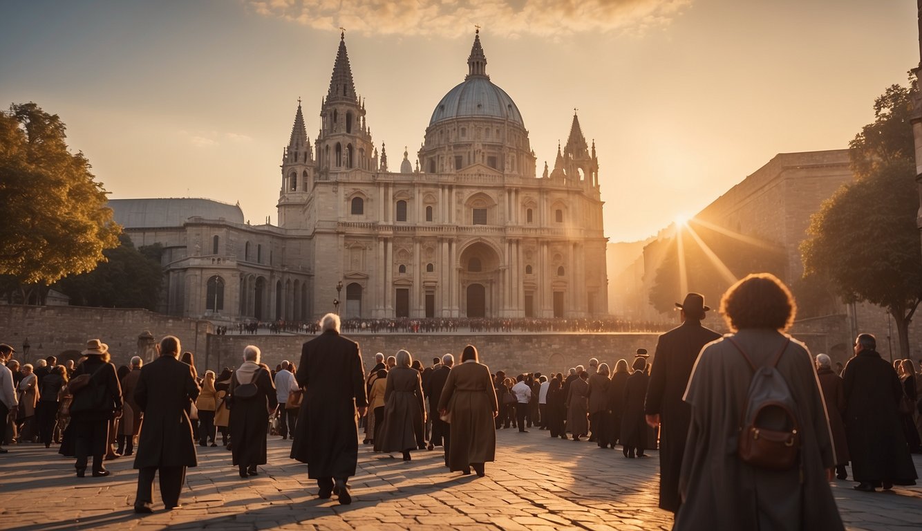 A group of pilgrims approach a grand cathedral, their faces filled with reverence and awe. The sun sets behind the ancient stone structure, casting a warm glow over the sacred site