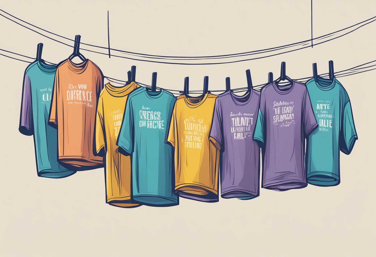 A colorful array of oversized quote t-shirts hanging on a clothesline, with bold typography and motivational phrases. The shirts reflect individual identities and inspire confidence