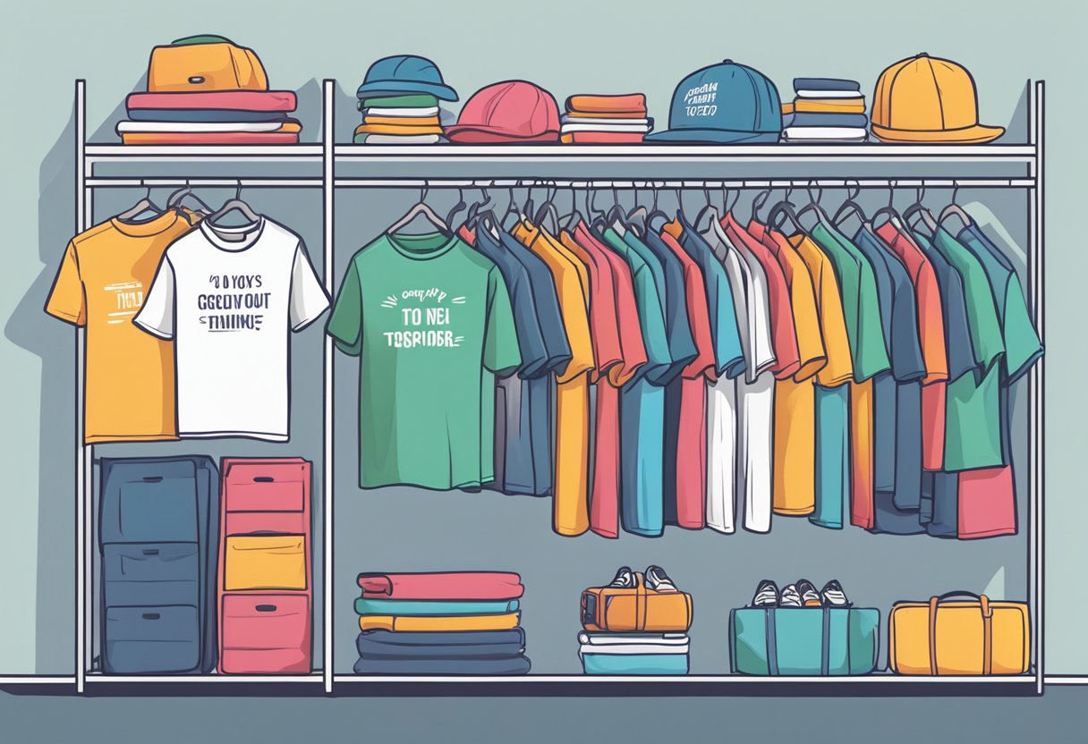 An open wardrobe with colorful oversized quote t-shirts hanging neatly. A mirror reflects the shirts, creating a motivational and inspiring display