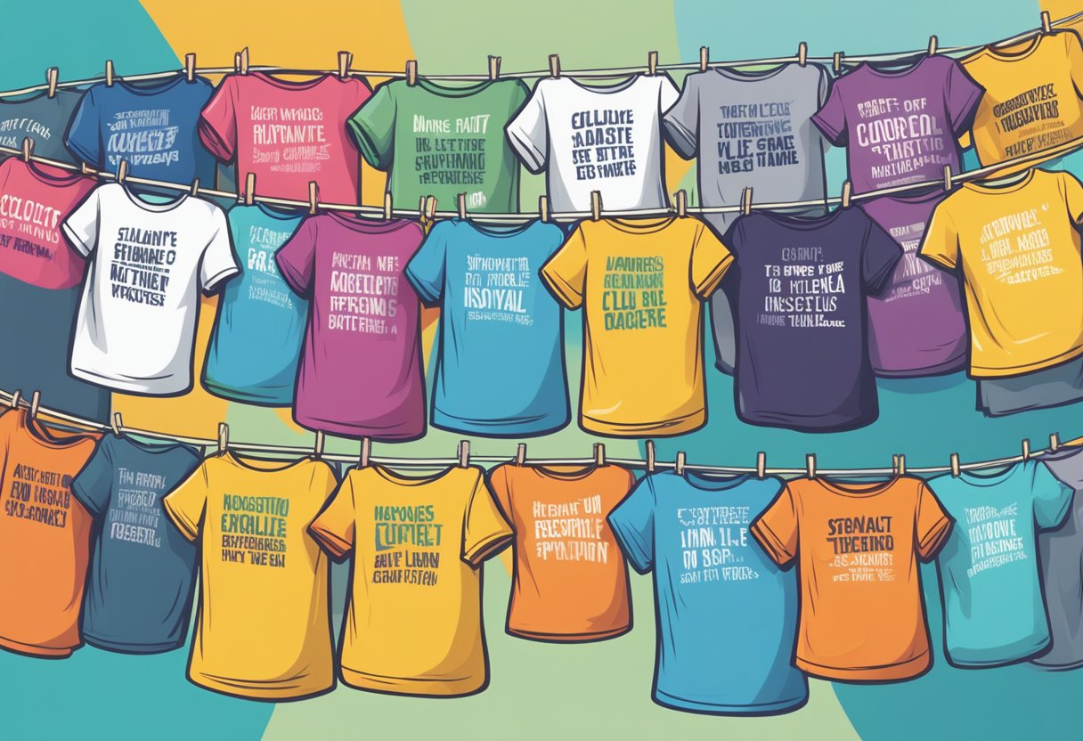 A colorful display of oversized quote t-shirts hanging on a clothesline, each shirt featuring a different inspiring or thought-provoking phrase. The backdrop could include elements that symbolize reflection, motivation, and inspiration