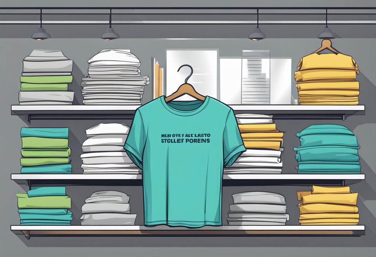 A stack of oversized quote t-shirts neatly folded on a shelf, surrounded by motivational posters and reflective mirrors