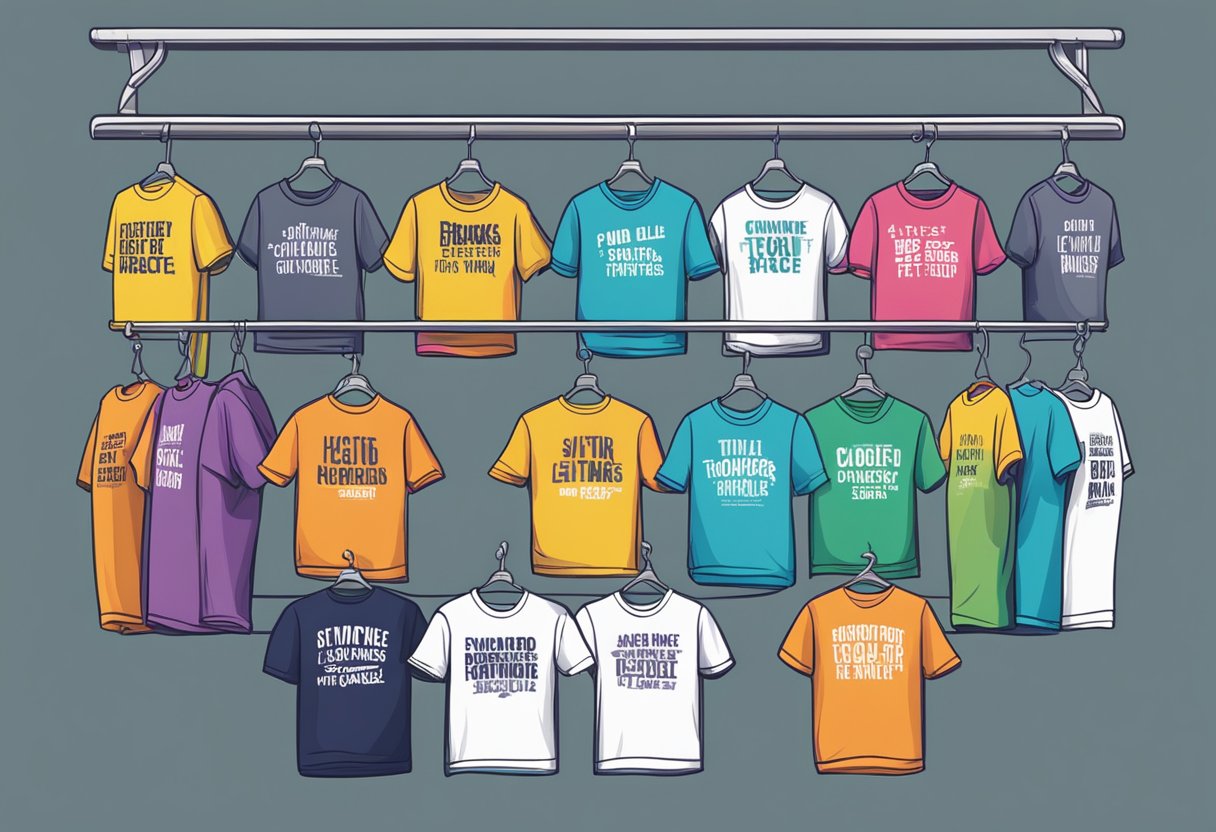 A colorful display of oversized quote t-shirts arranged on a clothing rack, with bold typography and motivational phrases. The shirts are neatly organized and catch the eye with their vibrant colors