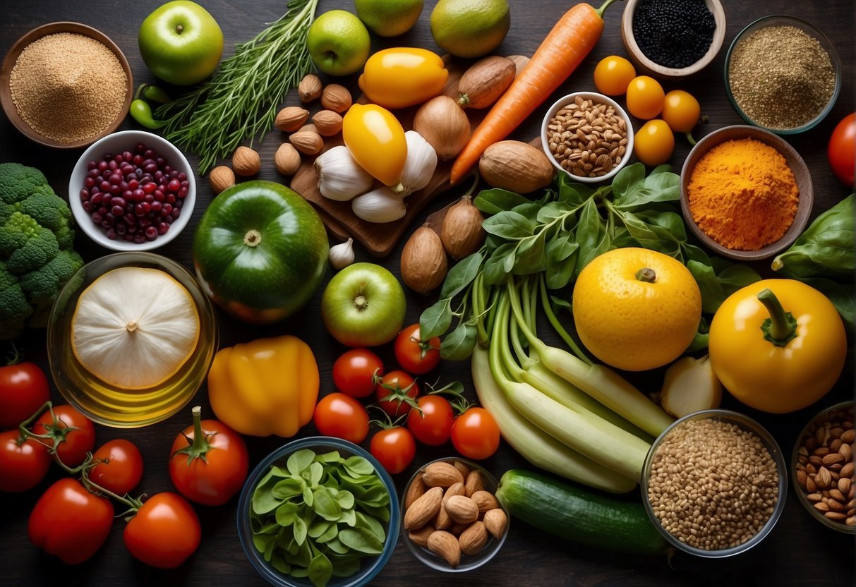 A table filled with colorful, fresh vegetables, fruits, and lean proteins. A variety of herbs and spices are scattered around, along with nuts and seeds